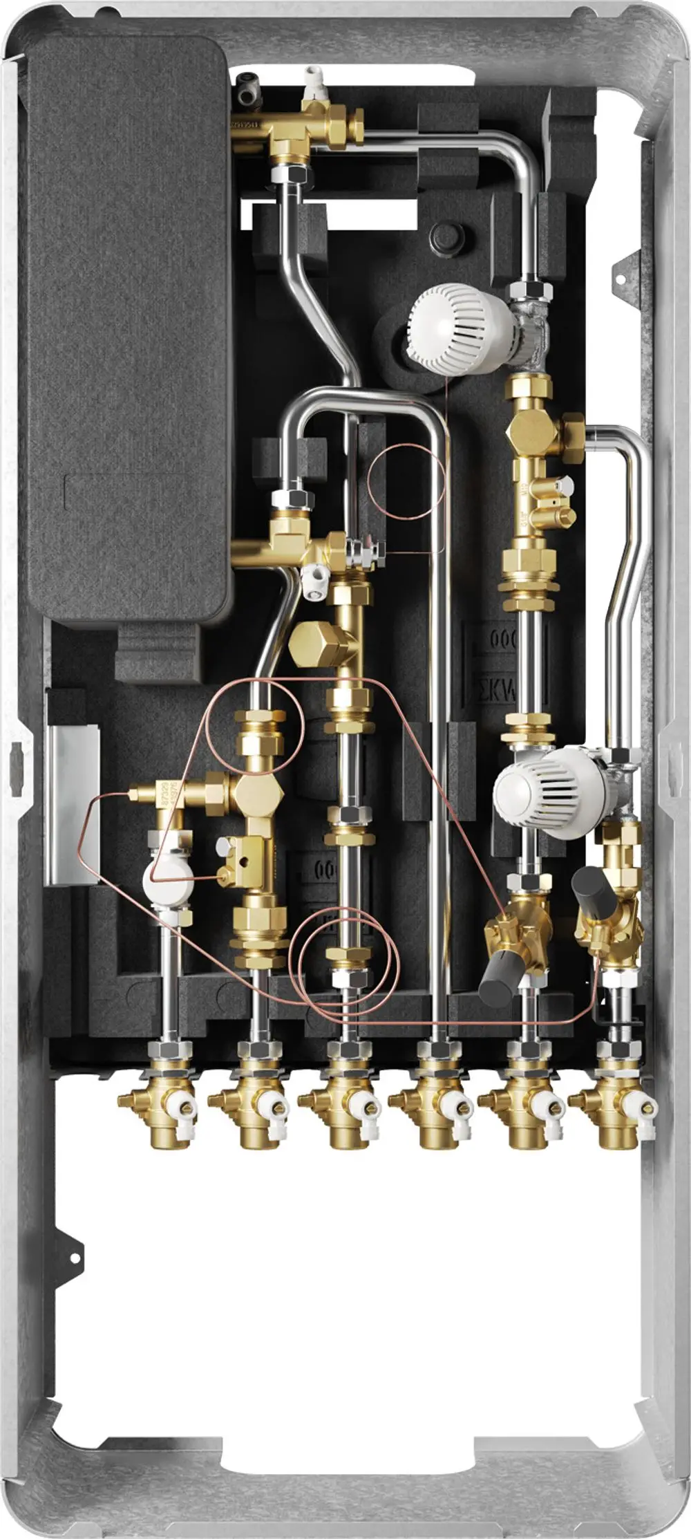 Bosch Wohnungsstation mit Rohren und Ventilen, geeignet für die Verteilung von Wärme. Aus Edelstahl mit verschiedenen Anschlussmöglichkeiten und Regelungselementen.